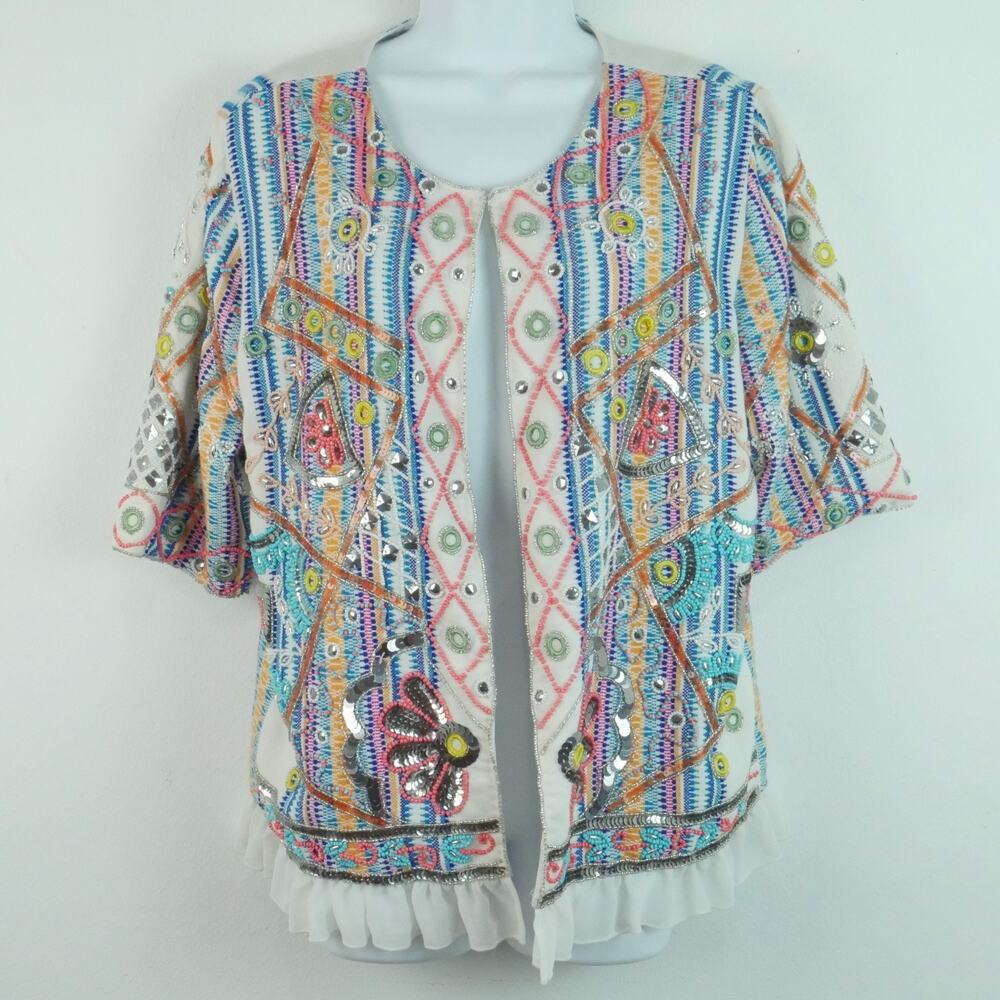 Embellished Beaded Sequin Boho Jacket Multicolor Ethnic Festival Open Front M